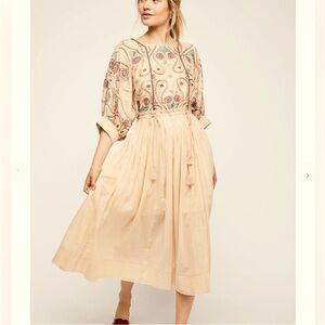 Free People Paisley Embroidered Midi Dress in Cream and Pink